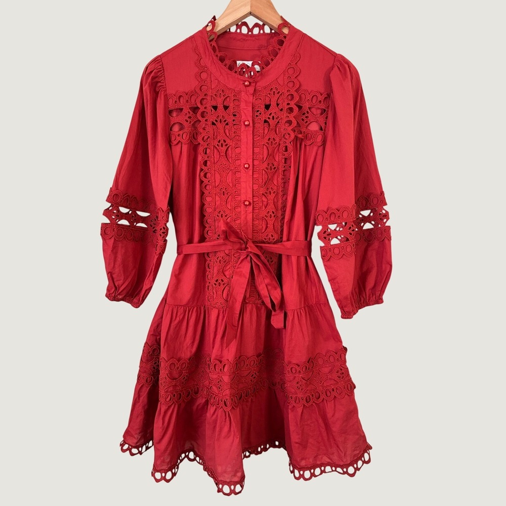 Cato Collection Limited Edition Boho Red Eyelet Lace Crochet Mini Dress Womens M